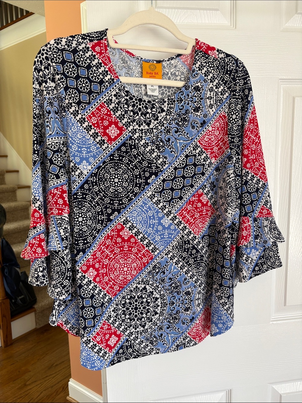 Ruby Rd. Patchwork Print Ruffle Sleeve Blouse in Red, Blue & Black
